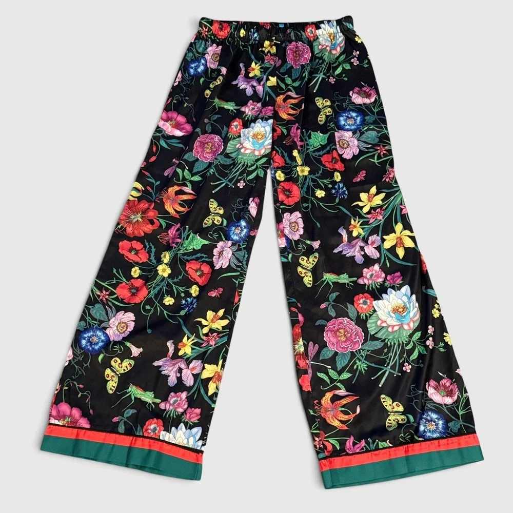 Floral Botanical Wide Leg Silky Satin Style Pants Boho Chic Womens XL Maximalist